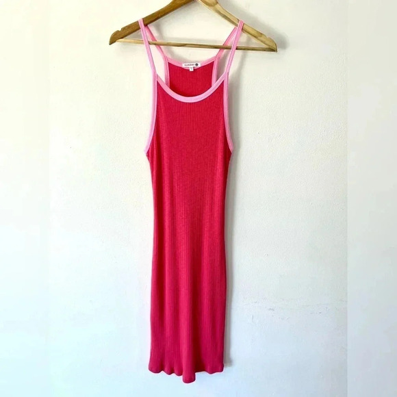 Sundry Colorblock Ribbed Mini Dress in Hibiscus & Neon Pink Trim Size Small - Picture 9 of 13